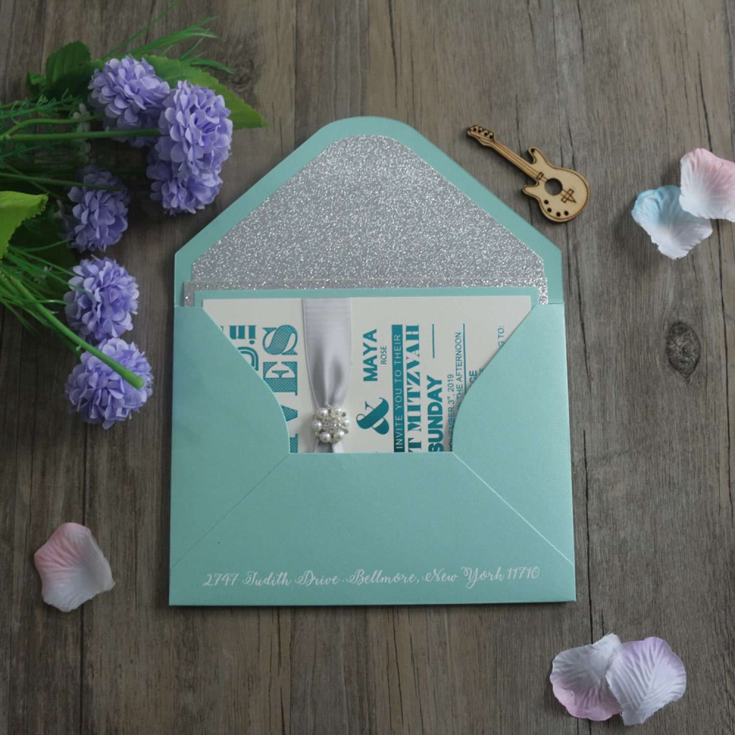 Customized Invitation Card with Ribbon Beautiful Green Wedding Card Glitter Paper 